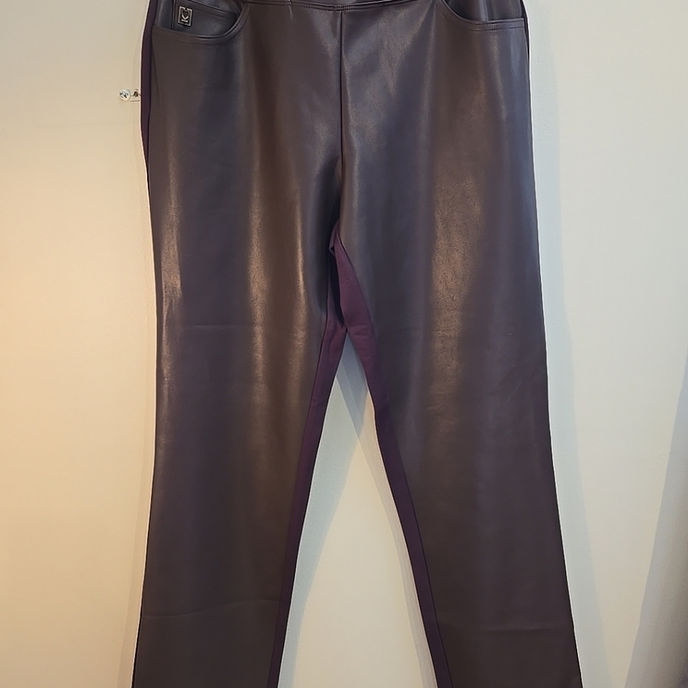 Belle By Kim Gravel Faux Leather Front Ponte/knit Back Brown Pants Size 8